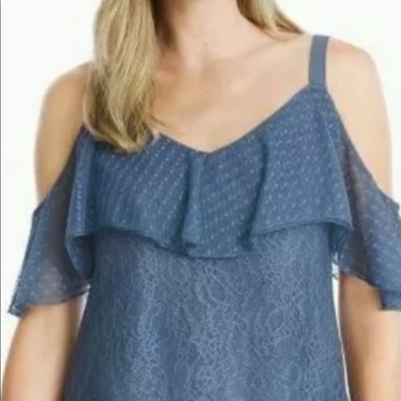 White House Black Market Tops - WHBM cold shoulder blouse lace blue size Small